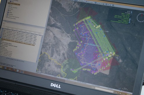 The UAS used GPS waypoints to guide its path over the reservation, and laptops  provided real time monitoring of the flight. © Conservation Media/WWF-US