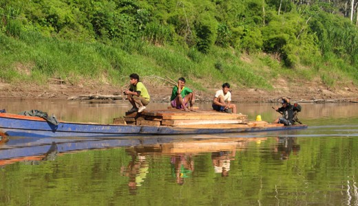 Boat loaded with wood on the Tambopata River, Peru