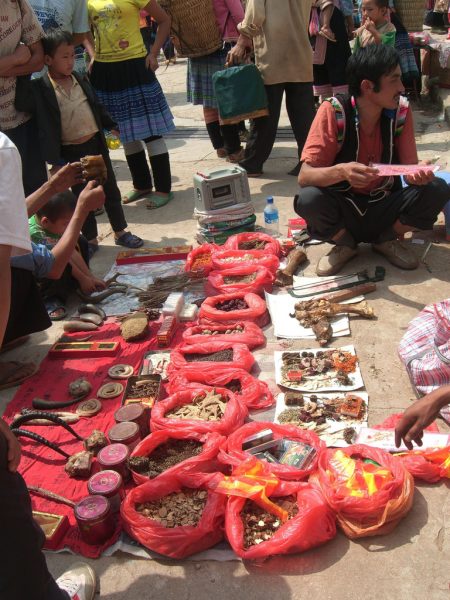 A vendor supplying illegal traditional medicinal products, including tiger claw, tiger penis and goat horns, in China's Laomeng Market. Photo credit: Alpha.