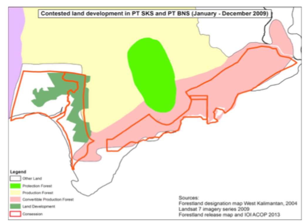 Image shows land development (dark green) between January and December 2009, inside and outside forestland release boundaries of IOI subsidiaries PT SKS and PT BNS (red lines) overlaid with the West Kalimantan forestland designation map of 2004. Image courtesy of Chain Reaction Research. 