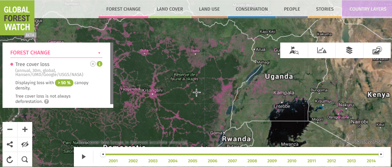 The GFW Interactive Map with a satellite imagery base for central Africa