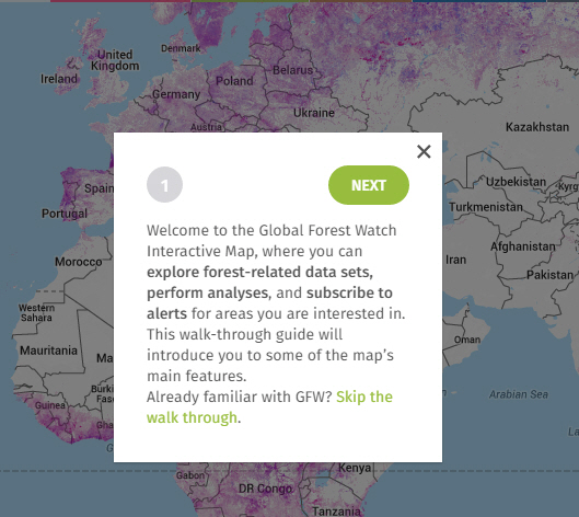 GFW welcome screen-interactive map