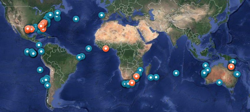 A map shows the location of tagged sharks. Photo credit: OCEARCH.