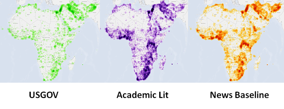 Maps comparing the geographic coverage of government reports, academic literature and news media of Africa and the Middle East generated from the GDELT Academic Literature special collection. It processed more than 21 billion words of academic literature and government reports spanning more than 2,200 journals and the Internet Achive's 1.7 billion PDF collection covering the entire open web, reaching back over 70 years to provide the socio-cultural context of current events. Photo credit: GDELT.