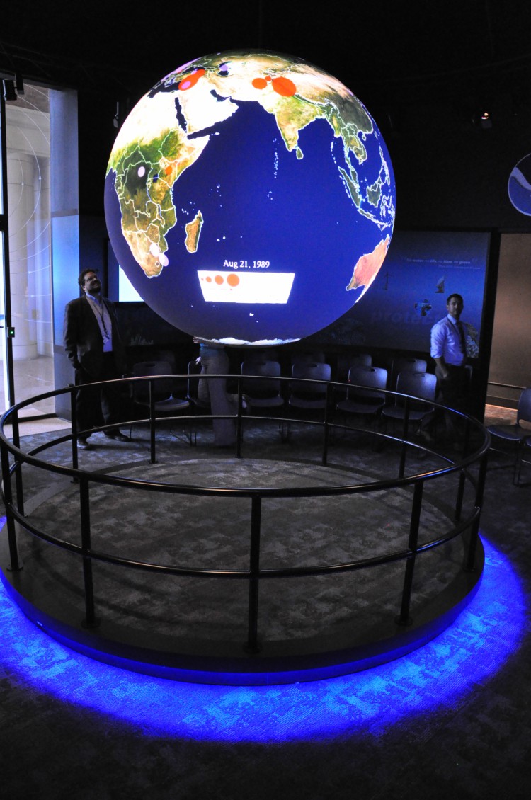 An early GDELT conflict dataset displayed on the NOAA Science on a Sphere (SOS) display. Photo credit: GDELT Project.