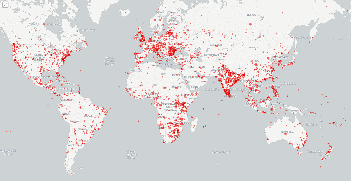 The interactive Foreign Policy map of global wildlife crime reported in worldwide news from February to June 2015. Each dot represents a location mentioned in one or more articles relating to any form of wildlife crime. Photo credit: GDELT.