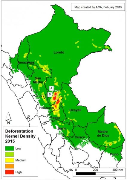 Kernell_2015a_Peru deforestation hotspots_MAAP. Note the _____ in Huanaco and Ucayali in the center and the road in Madre de Dios in the south. Image credit: MAAP